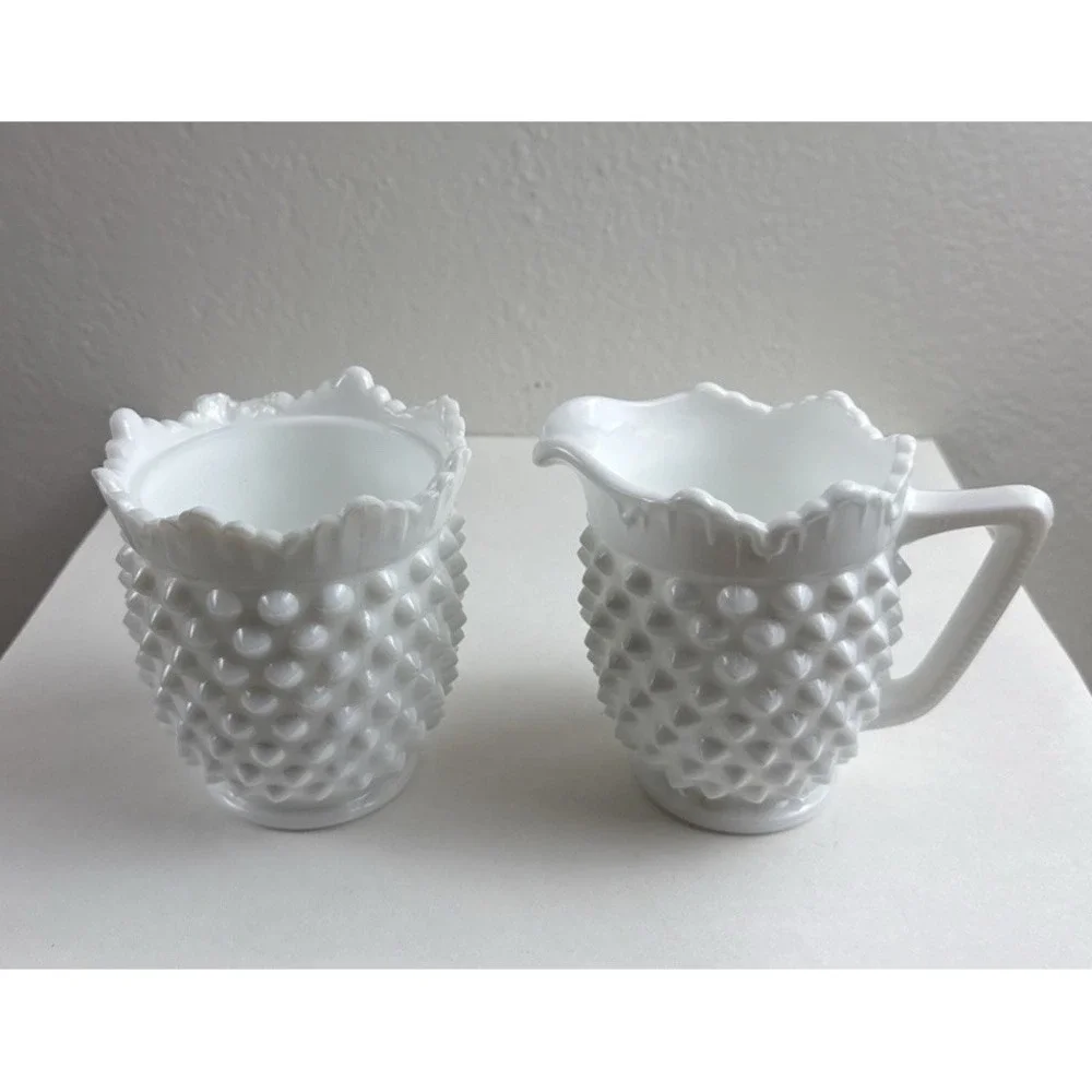 Vintage Fenton English Hobnail Milk Glass Creamer & Sugar Set White Ruffled Edge